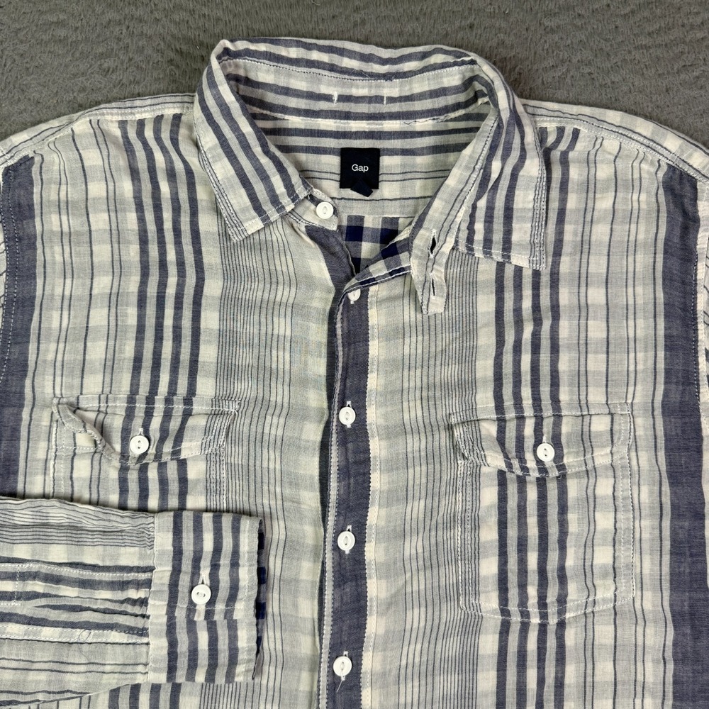Gap Shirt Mens XL Blue Plaid Button Long Sleeve Work Chin Strap Cat Eye Buttons